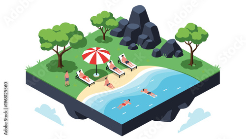 Isometric view of a tropical island beach resort with people swimming in the ocean and sunbathing on lounge chairs.