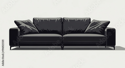 Modern Black Leather Sofa with Plush Cushions.