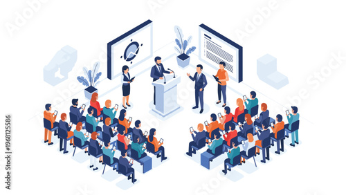 Speaker giving a speech from a podium to a large audience who are all holding and using their smartphones in a hall.