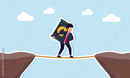 businessman carrying oil barrel across cliff with rope illustration of national oil energy resilience during crisis and resource stability concept