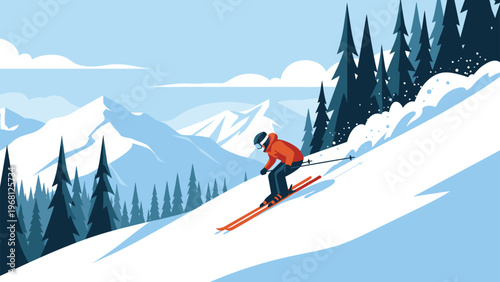 Active skier in an orange jacket sliding down a steep snowy mountain slope surrounded by evergreen pine trees in winter.