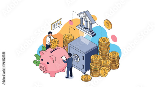 People depositing large gold coins into a giant piggy bank and safe to illustrate concepts of banking and personal savings.