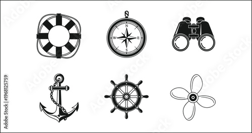 Nautical icon collection, life preserver, compass rose, binoculars, anchor chain, ship wheel, propeller, maritime navigation, safety, vessel operation design