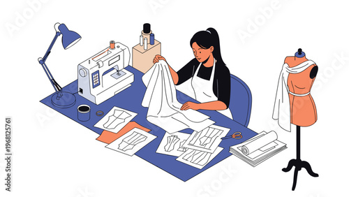 Skilled seamstress working at a sewing machine with patterns and a dress form mannequin in a creative fashion workshop.