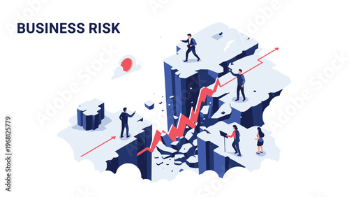Business team navigating a dangerous canyon representing financial risk with a red line graph showing market volatility.