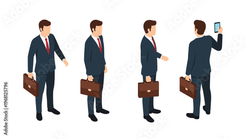 Male entrepreneur in a formal suit shown from multiple perspectives while carrying a briefcase and taking a mobile selfie.