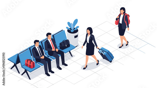 Group of business travelers waiting at an airport gate with suitcases and bags in a modern isometric terminal setting.