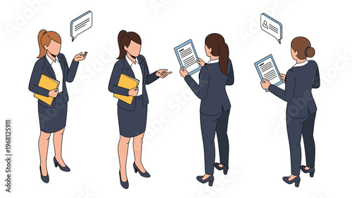 Businesswoman in a professional suit shown in multiple poses while gesturing and presenting with digital speech bubbles.