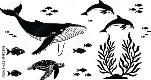 Marine life illustration, whale, dolphins, sea turtle, fish group, seaweed plants, underwater ecosystem vector art, ocean wildlife harmony design