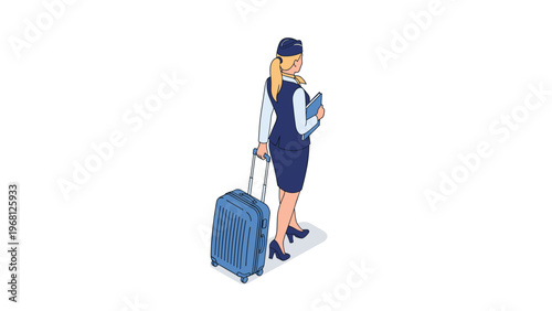 Professional air hostess in uniform walking away while pulling a blue suitcase and holding a folder on a white background.