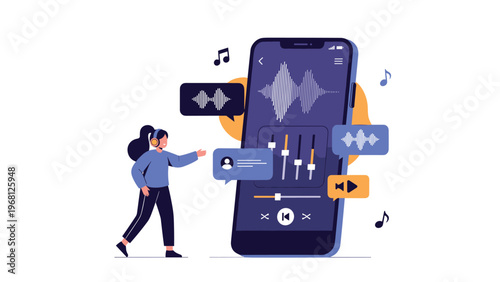 Woman interacting with a music player interface on a large smartphone screen surrounded by audio waves and sound icons.