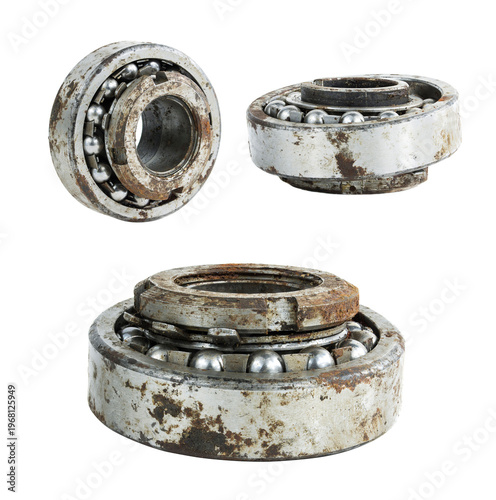 Old rusty ball bearing isolated on white background, industrial metal mechanical component with visible corrosion, wear, grease and detailed steel ball structure.