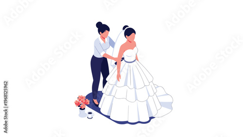 Professional bridal stylist adjusting a beautiful white wedding gown for a bride on her special day in a luxury boutique.