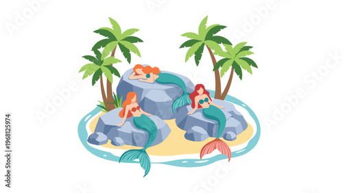 Beautiful mermaids with red hair resting on rocks of small tropical island with palm trees in clear blue sea or ocean water.