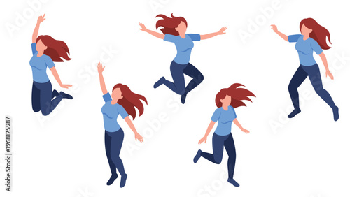 Group of young women in casual blue shirts and pants jumping and floating in the air in various energetic poses for design.