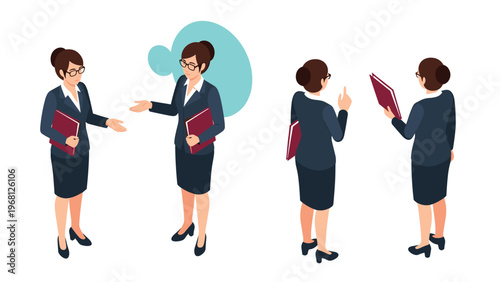 Professional businesswomen in suits with red folders shown in different isometric views and various communication poses.