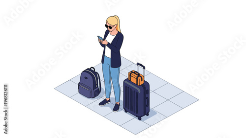 Young female traveler standing with suitcases and backpack at an airport while checking her smartphone for travel information.