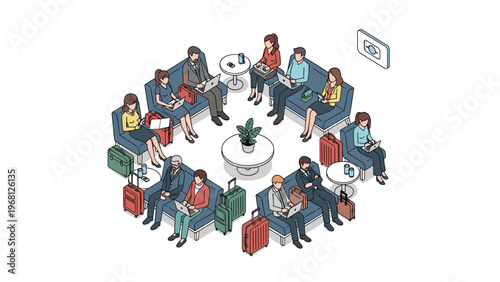 Group of diverse travelers sitting in a circle in an airport waiting hall with laptops and suitcases on white background.