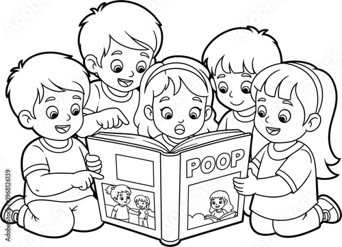 Children reading a funny book.