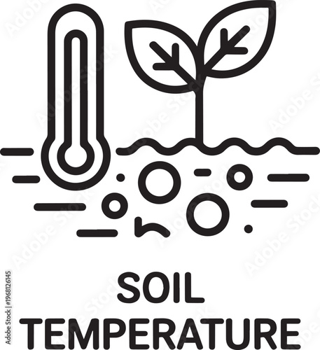 Hand drawn illustration of soil temperature measurement with plant and thermometer symbols