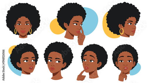 Set of different facial expressions and emotions of a young black woman with an afro hairstyle in flat design illustration.