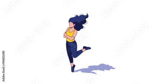 Energetic young woman with long dark hair jumping in a yellow tank top and blue leggings in modern isometric illustration.