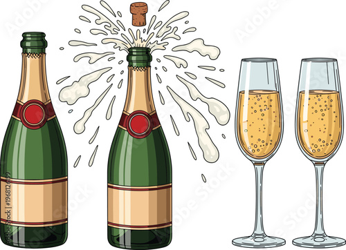 Two champagne bottles with popping cork and foam spray, filled flutes illustration, festive celebration vector art, sparkling wine party design