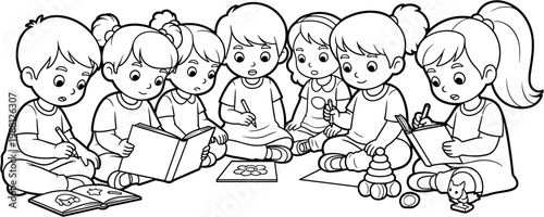 Group of children sitting together reading.