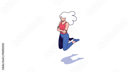 Energetic young woman with long white hair jumping in a red tank top and blue leggings shown in modern isometric style.