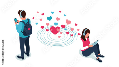Man and woman with headphones using digital devices with floating hearts for online dating or social media networking.