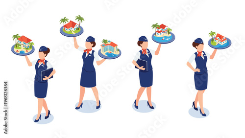 Professional air hostesses or waitresses holding trays with miniature luxury houses and tropical resort hotels for travel.