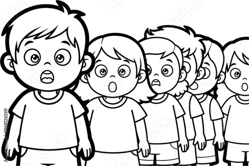 Group of surprised cartoon boys standing.