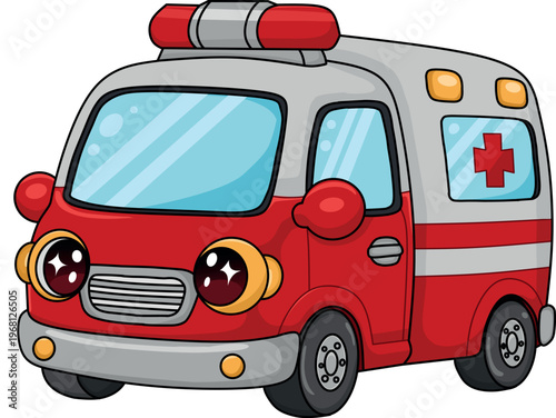 Cute Cartoon Ambulance Vector Illustration with Smiling Expression