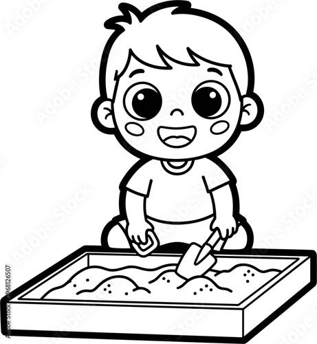 Happy child playing in sandbox.