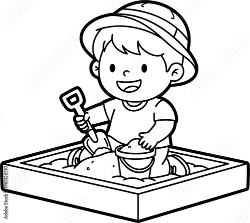 Happy child playing in sandbox outside.