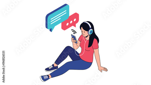 Young woman sitting comfortably on floor wearing headphones and using smartphone for social media communication with friends online.