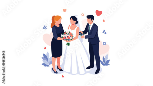 Happy couple in wedding attire with their friend holding a bouquet of flowers in a romantic celebration scene for marriage.