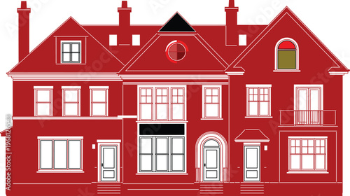 Stylized architectural illustration of large multi-story red house with symmetrical design, chimneys, windows, balcony, modern residential building vector art