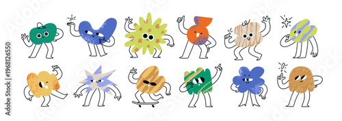 Cute doodle blobs, funky figures characters set. Funny abstract shapes with happy smiling faces, emotions and expressions. Comic emoji in cartoon style. Flat vector illustration on white background