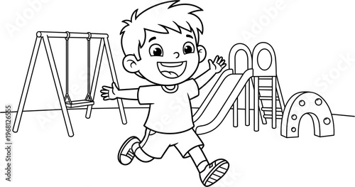 Happy child playing on playground equipment.