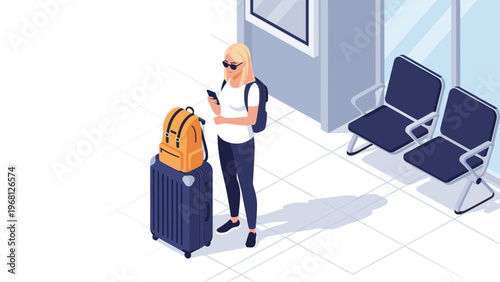 Stylish blonde traveler with backpack and sunglasses checking phone notifications while standing near luggage at airport terminal.