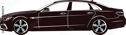 Stylized modern sedan side profile illustration with sleek aerodynamic lines, four doors, alloy wheels, luxury car design, contemporary vehicle vector art
