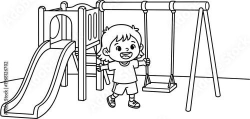 Happy little boy on swing set.