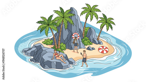 Group of tourists enjoying summer vacation on tropical island beach while using mobile phones near palm trees and ocean waves.