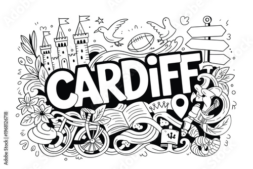 Cardiff illustration featuring local landmarks and symbolic doodle elements