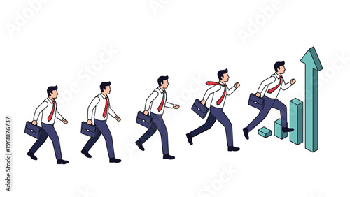 Motivated businessmen with briefcases running towards a large green arrow and bar chart representing successful corporate growth.