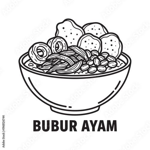 Bubur Ayam Dish Illustration in Black and White