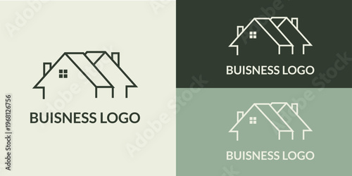 Simple house real estate business logo with BUSINESS LOGO placeholder text in light gray dark green and light green variations, vector illustration concept for real estate branding