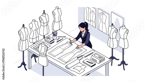 Creative fashion designer working on clothing patterns at a large desk surrounded by several sewing mannequins in a professional studio.