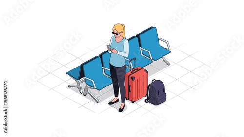 Blonde woman traveler in sunglasses sitting at airport waiting area and using her smartphone while standing next to red luggage.